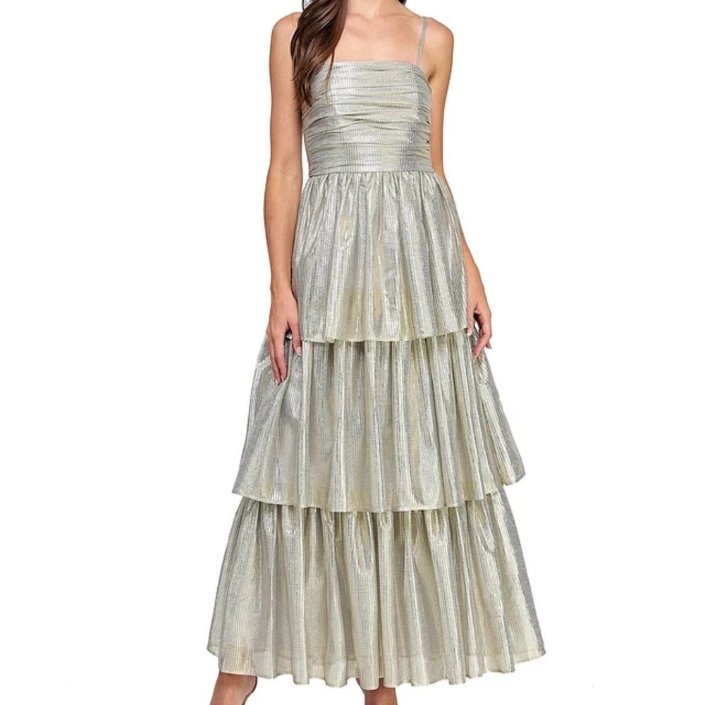 Layered With Love Metallic Silver Gold Tier Maxi Dress S NWT Prom Wedding Formal